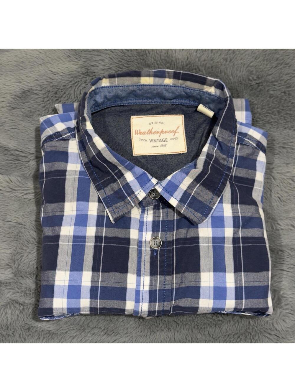 Weatherproof Vintage Mens XL Blue white‎ plaid long sleeve button-up shirt
